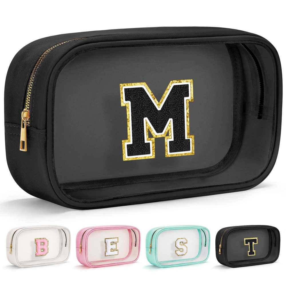 YOOLIFE Initial Make Up Bag Travel Toiletry Bag, Clear Makeup Bag Preppy Stuff Travel Essentials Pink Gifts for Women Teen Girlfriend Teacher Mom Birthday Birthday Gifts for Her Wife White A