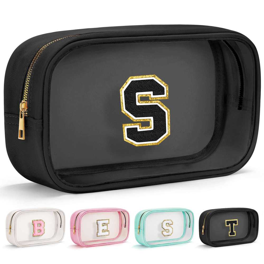 YOOLIFE Initial Make Up Bag Travel Toiletry Bag, Clear Makeup Bag Preppy Stuff Travel Essentials Pink Gifts for Women Teen Girlfriend Teacher Mom Birthday Birthday Gifts for Her Wife White A