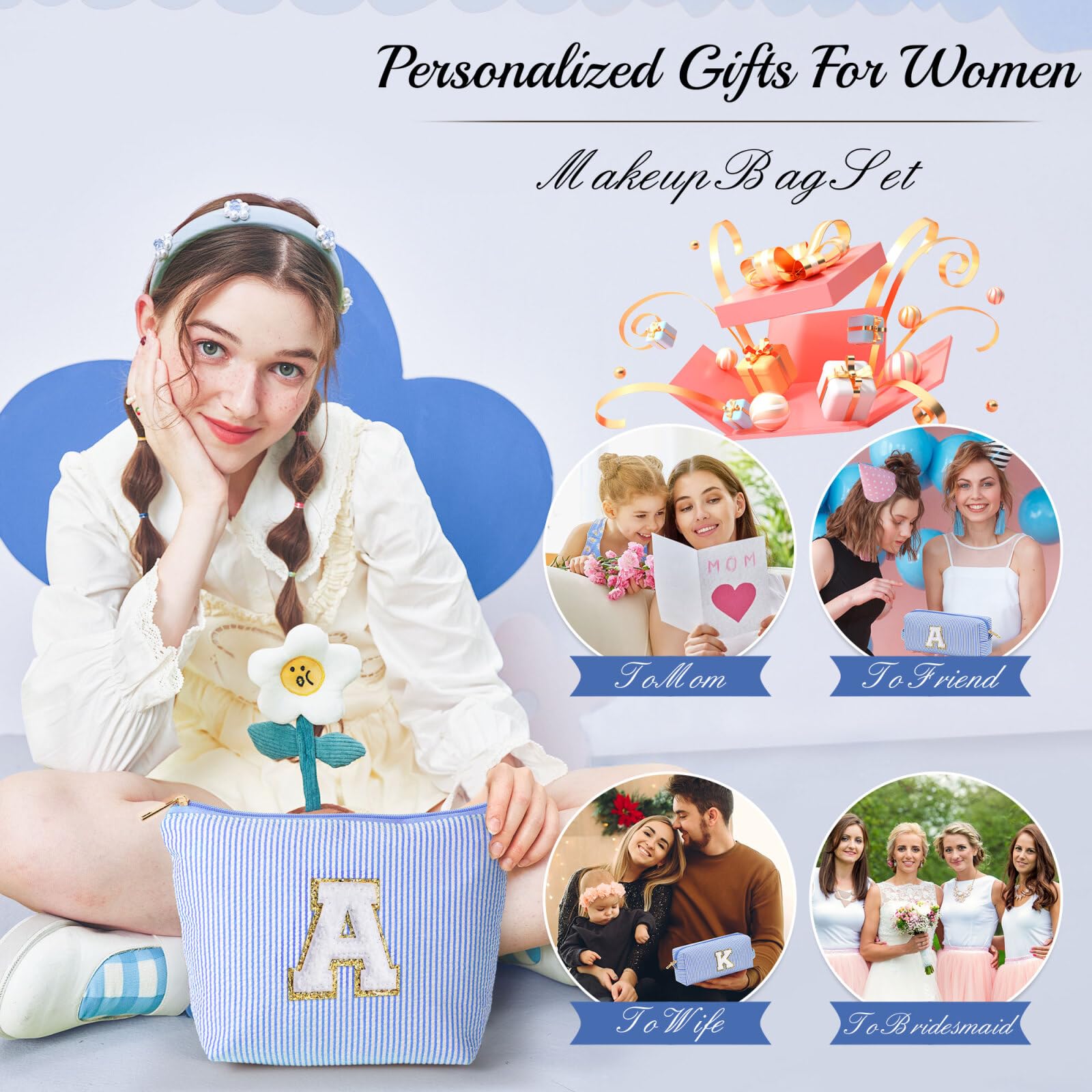 YOOLIFE Easter Basket Stuffers for Kids Teen Girls Women | Initial Makeup Bag | Pink Cosmetic Bag Travel Bags | 11 12 13 14 15 16 Years Old Girl Gift Teacher Gift Teen Girl Gifts Trendy Stuff A