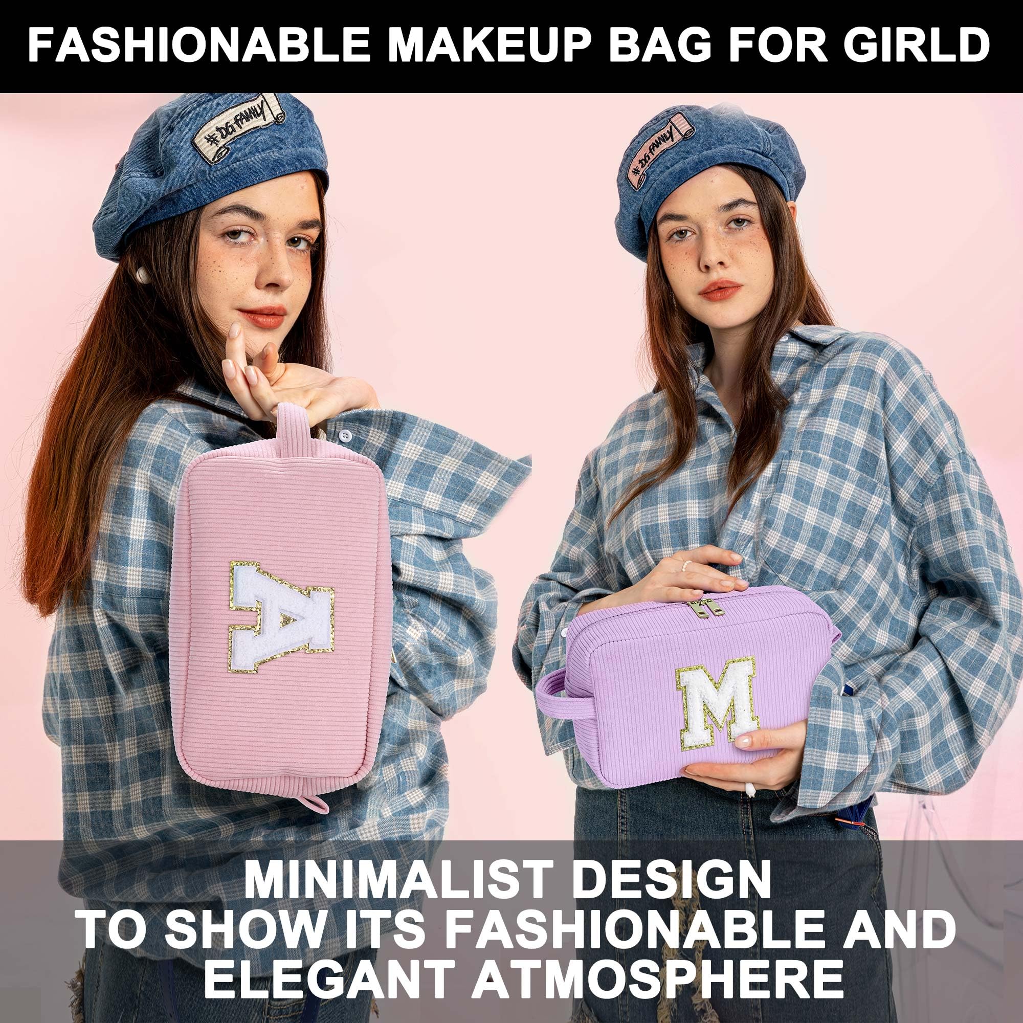 YOOLIFE Makeup Bags for Teen Girls Kid - 4 5 6 7 8 9 10 11 12 Year Old Girl Birthday Gift | Monogram Cute Makeup Bag, Teen Girl Gifts for Daughter, Birthday Gifts for Women Her Girls Pink Letter A