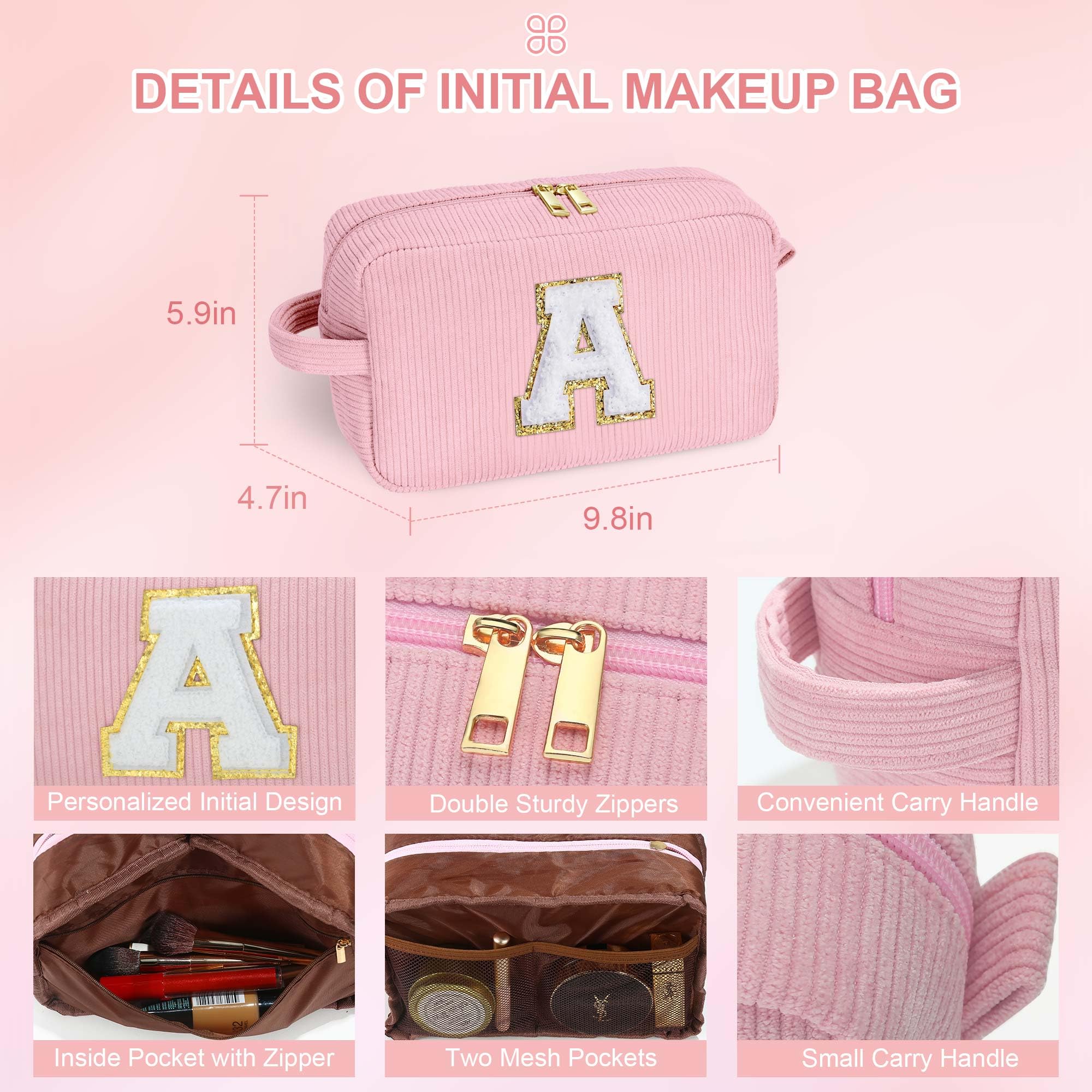 YOOLIFE Makeup Bags for Teen Girls Kid - 4 5 6 7 8 9 10 11 12 Year Old Girl Birthday Gift | Monogram Cute Makeup Bag, Teen Girl Gifts for Daughter, Birthday Gifts for Women Her Girls Pink Letter A