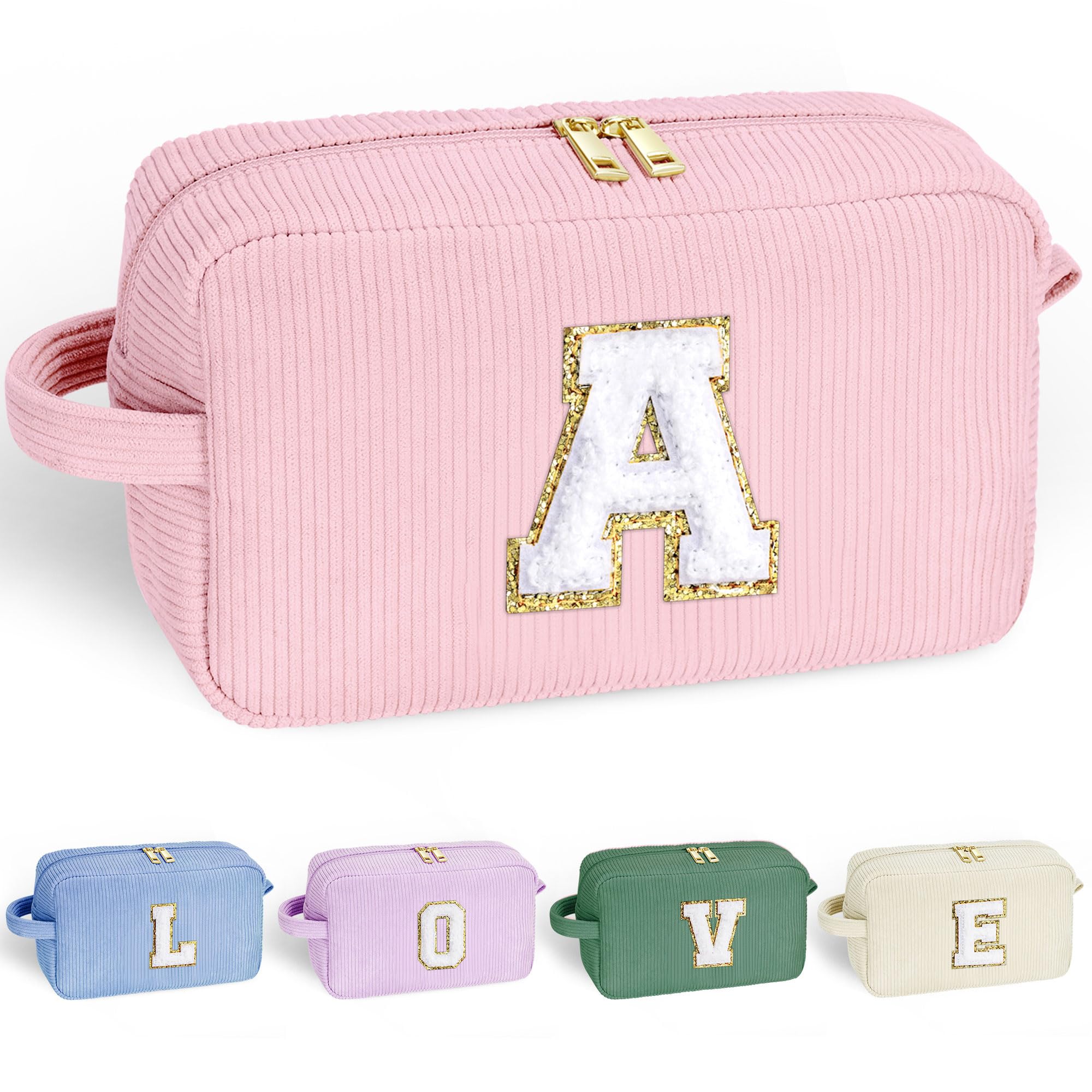 YOOLIFE Makeup Bags for Teen Girls Kid - 4 5 6 7 8 9 10 11 12 Year Old Girl Birthday Gift | Monogram Cute Makeup Bag, Teen Girl Gifts for Daughter, Birthday Gifts for Women Her Girls Pink Letter A
