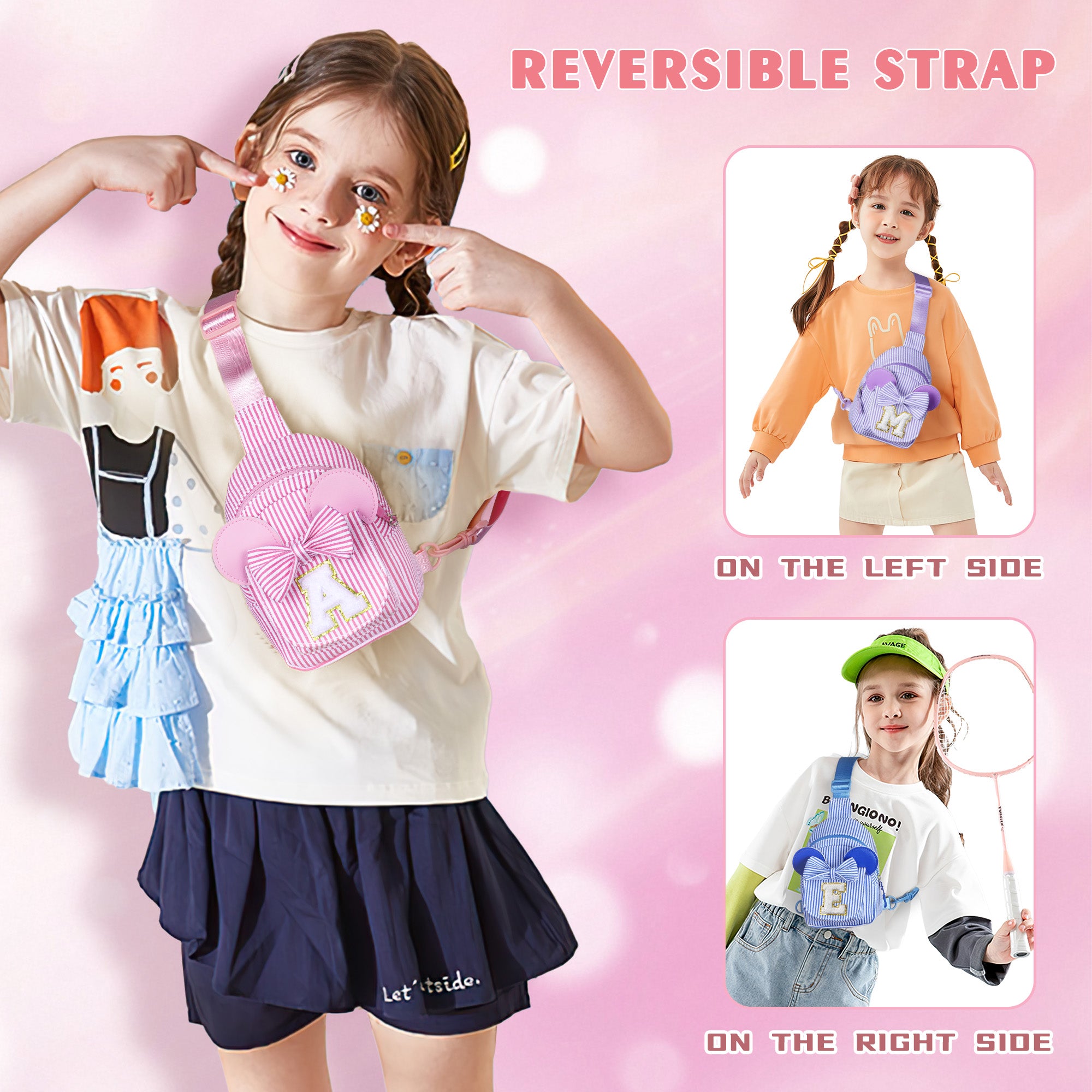 YOOLIFE Easter Gifts for Kids Girls, Initial Pink Sling Bag for Kid Girls | Small Initial Monogram Fanny Packs Crossbody Bag Purse for Girl Kid Year Old Birthday Gift, Easter Basket Stuffers (Pink A)