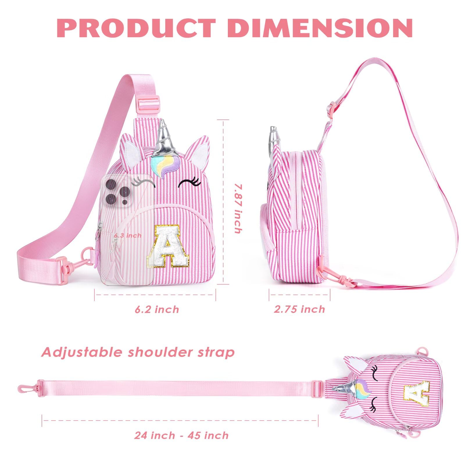 YOOLIFE Birthday Gifts for 2 3 4 5 6 7 8 Year Old Girls, Small Sling Bag Initial Fanny Pack for Girls, Unicorn Crossbody Bag Purse Cute Gifts for Little Girl, Pink (A)