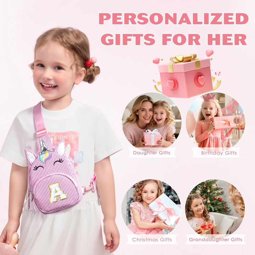 YOOLIFE Birthday Gifts for 2 3 4 5 6 7 8 Year Old Girls, Small Sling Bag Initial Fanny Pack for Girls, Unicorn Crossbody Bag Purse Cute Gifts for Little Girl, Pink (A)